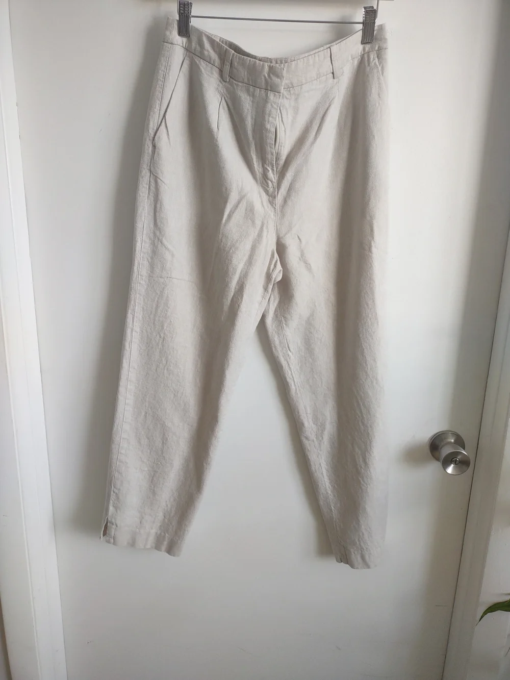 Light Beige Linen-Look High Waist Trousers